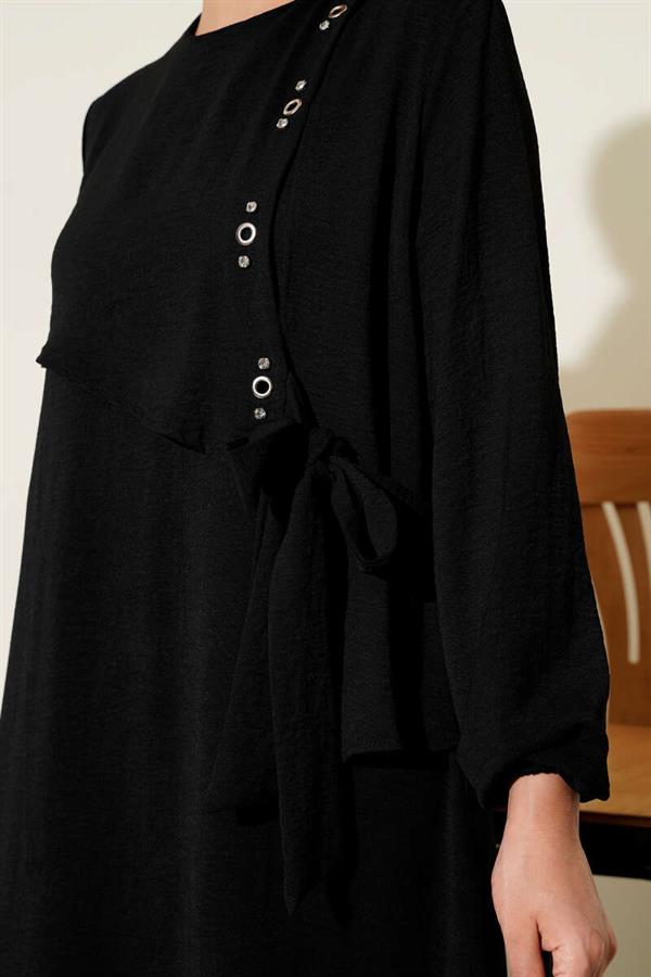 Black Tie-Down Dress with Stoned Bird Eye Detail