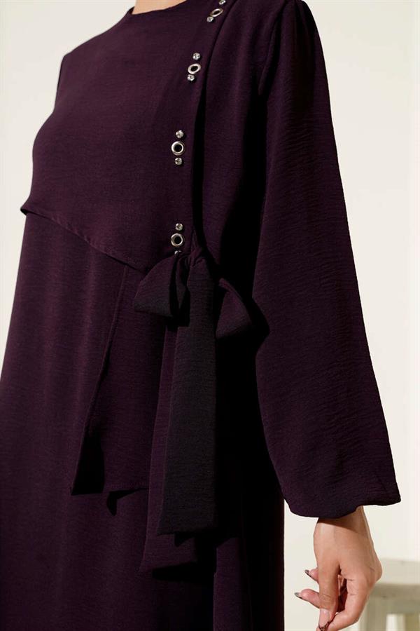 Jeweled Eyelet Detailed Tie Dress in Plum