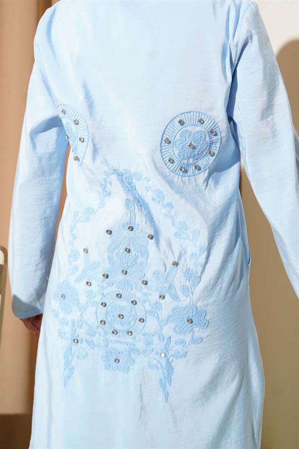 Stone Embroidery Detailed Hooded Cap Baby Blue