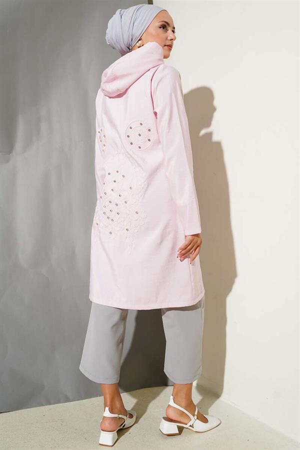 Stone Embroidered Detailed Hooded Cap Pink