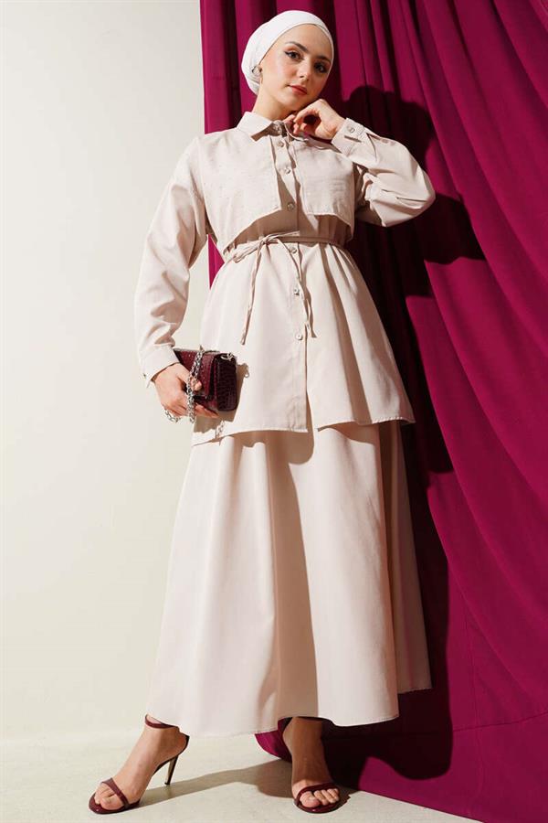 Stoned Cape and Skirt 2 Piece Set Beige