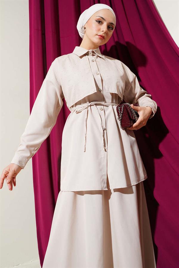 Stoned Cape and Skirt 2 Piece Set Beige