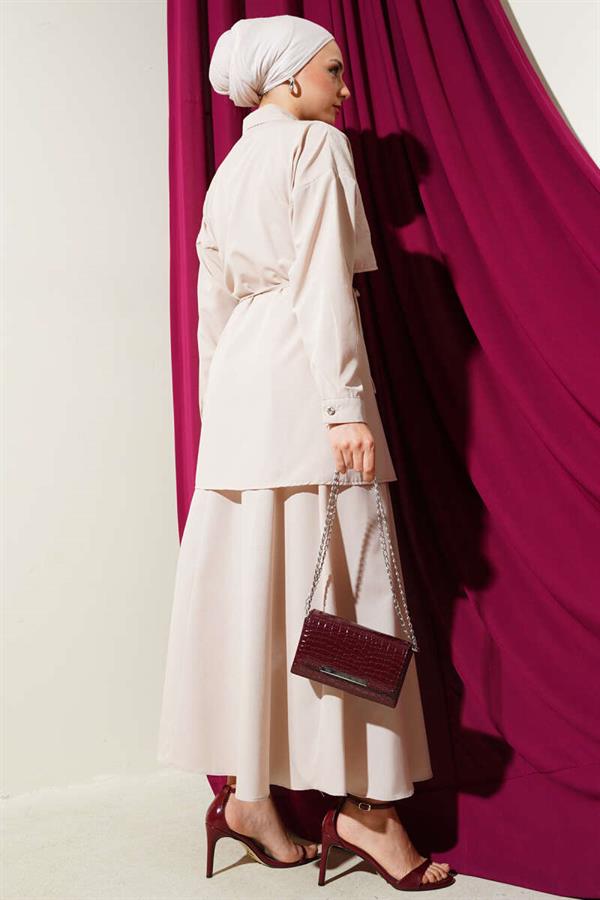 Stoned Cape and Skirt 2 Piece Set Beige