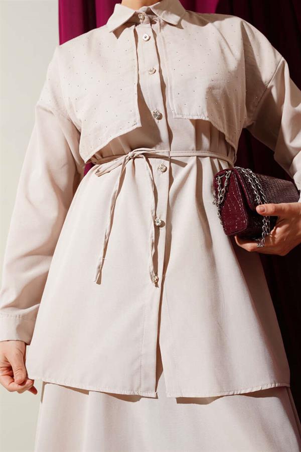 Stoned Cape and Skirt 2 Piece Set Beige