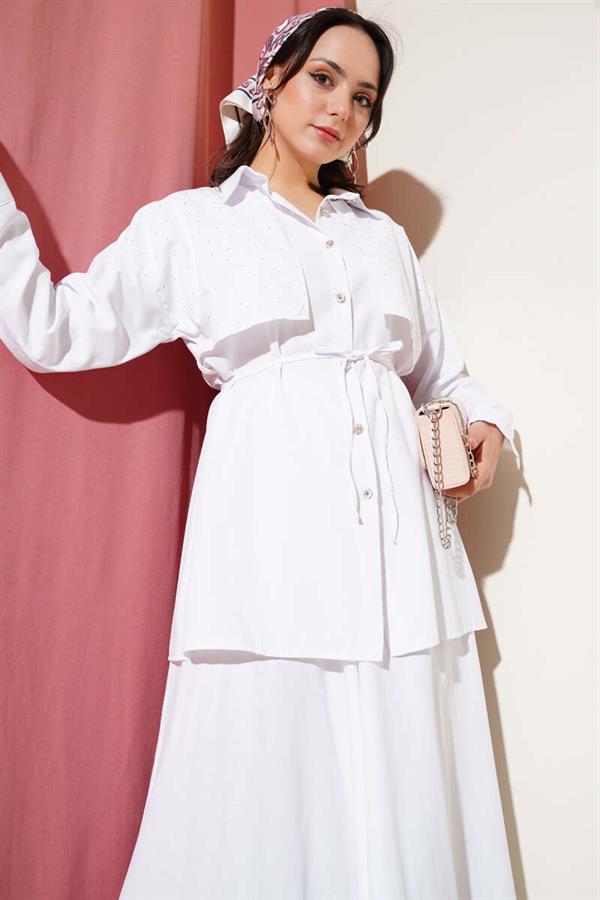 Stoned Cape and Skirt 2 Piece Set White