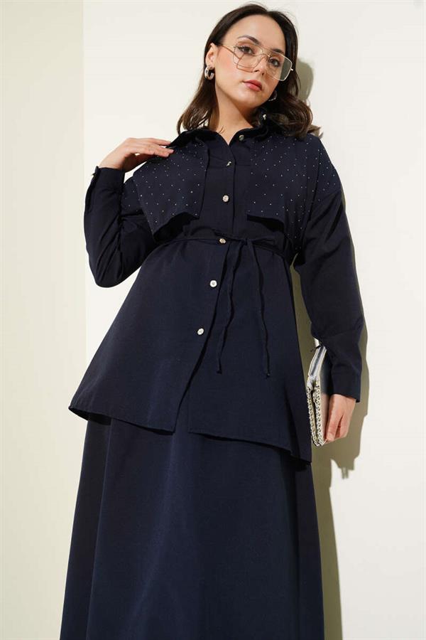 Stoned Cape and Skirt 2 Piece Set Navy Blue