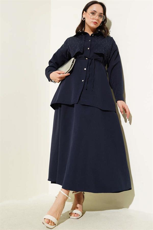 Stoned Cape and Skirt 2 Piece Set Navy Blue