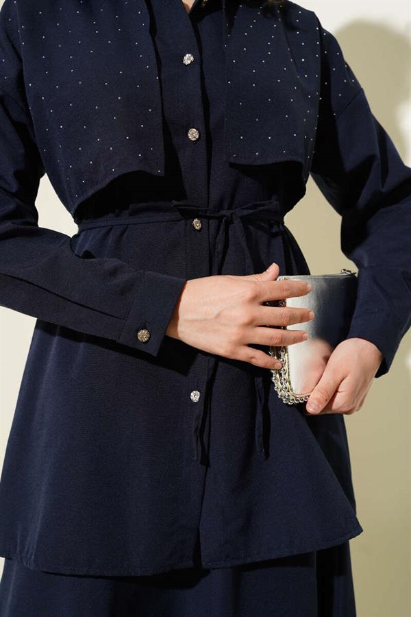 Stoned Cape and Skirt 2 Piece Set Navy Blue