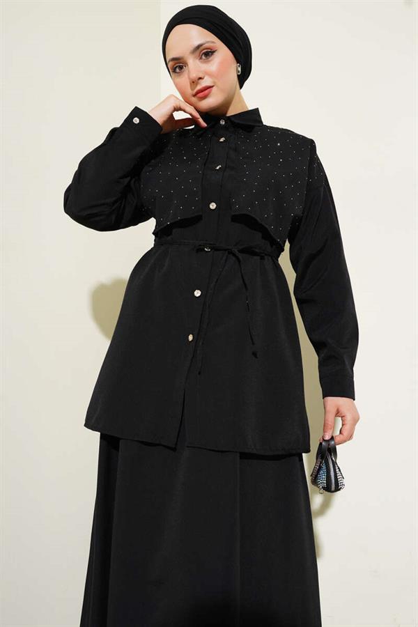 Stoned Cape and Skirt 2 Piece Set Black