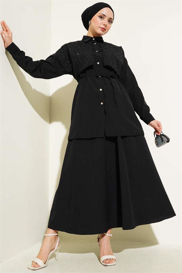 Stoned Cape and Skirt 2 Piece Set Black