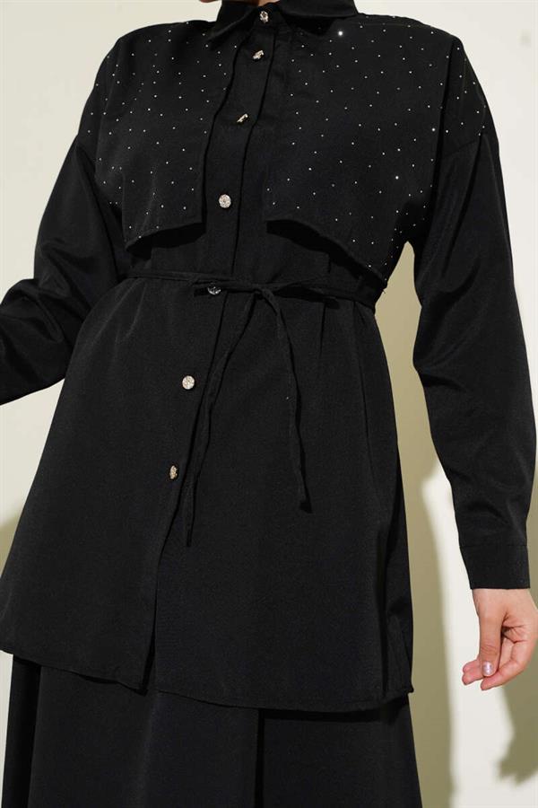Stoned Cape and Skirt 2 Piece Set Black