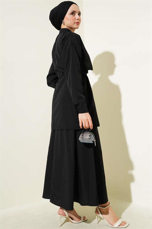 Stoned Cape and Skirt 2 Piece Set Black