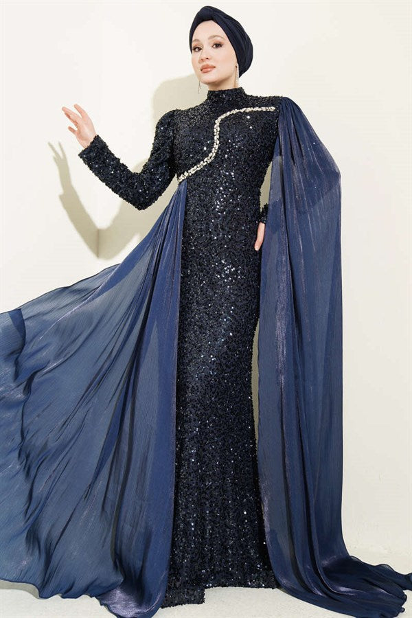 Navy Blue Embellished Sequin Cape Evening Dress