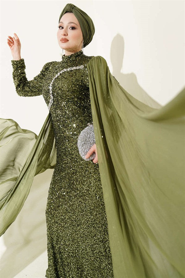 Khaki Embellished Sequin Cape Evening Dress