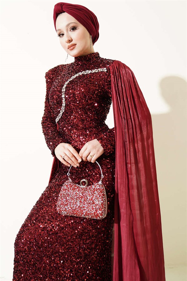 Burgundy Embellished Cape Evening Dress with Stones and Sequins