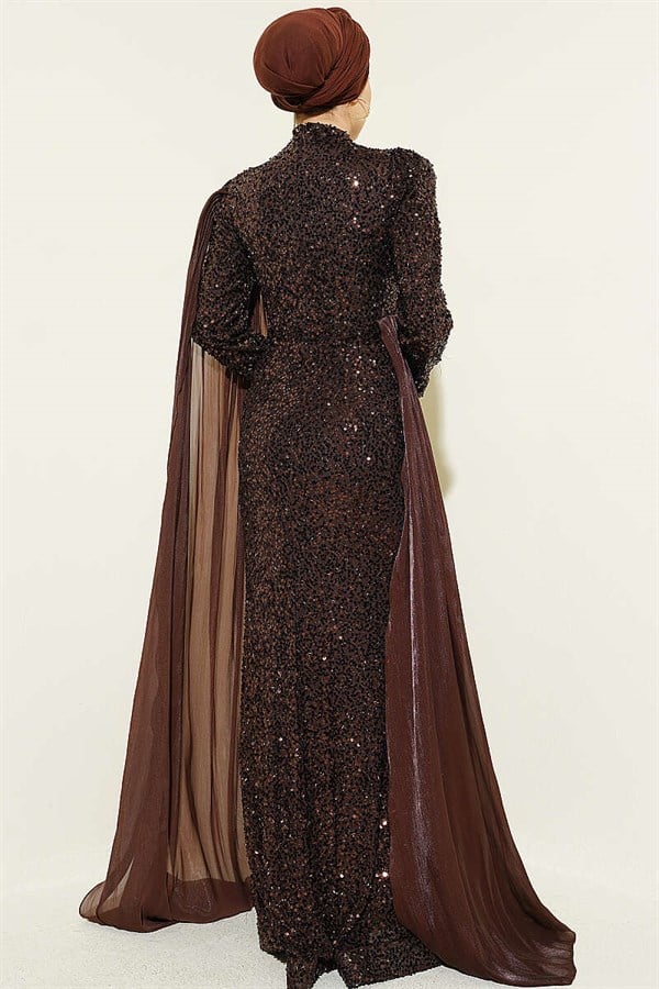 Embellished, Sequined, Cape Evening Dress in Brown