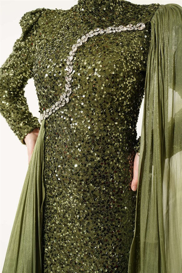 Khaki Embellished Sequin Cape Evening Dress