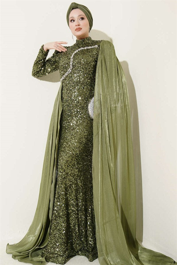 Khaki Embellished Sequin Cape Evening Dress