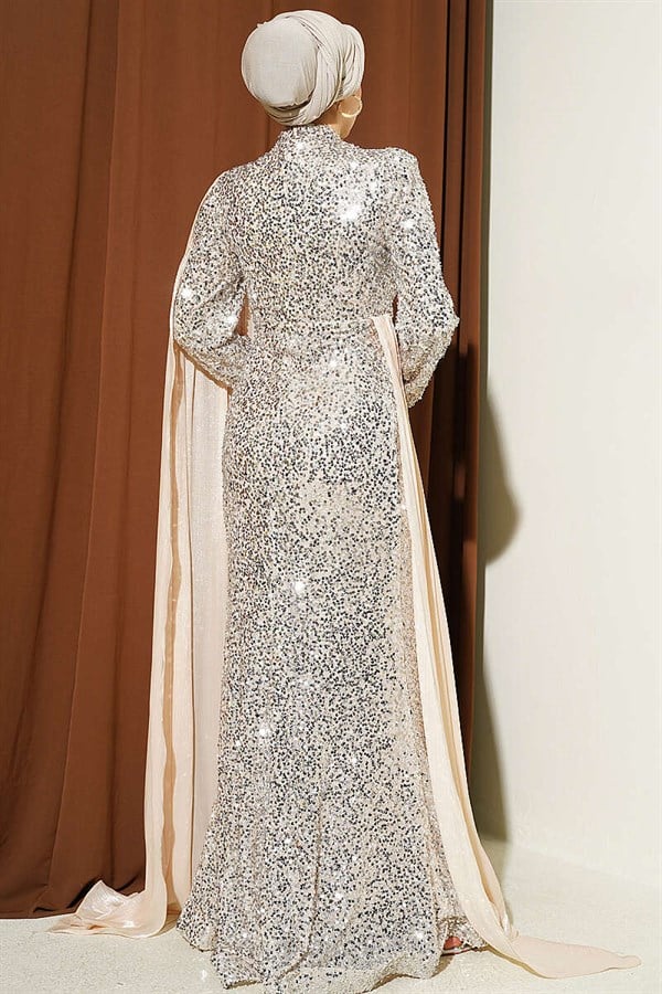 Beige Evening Dress with Embellished Sequins and Cape