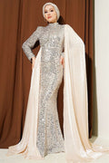 Beige Evening Dress with Embellished Sequins and Cape