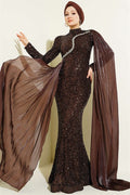 Embellished, Sequined, Cape Evening Dress in Brown