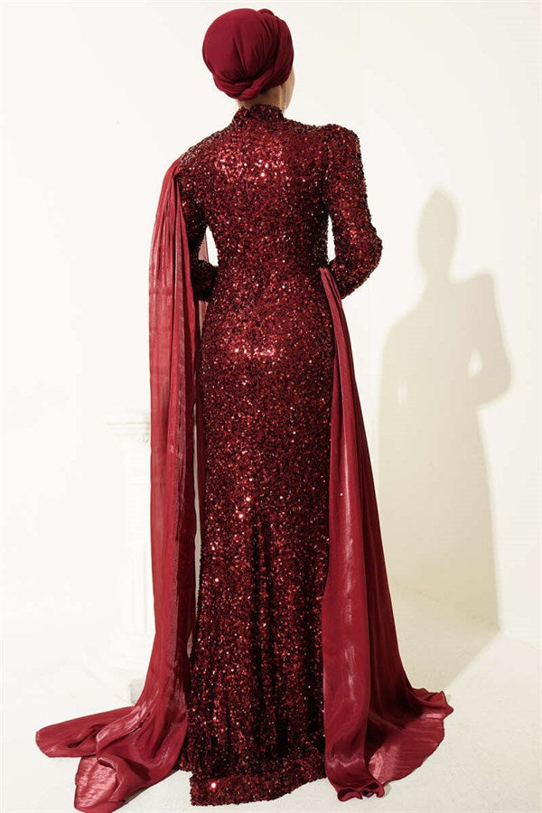 Burgundy Embellished Cape Evening Dress with Stones and Sequins