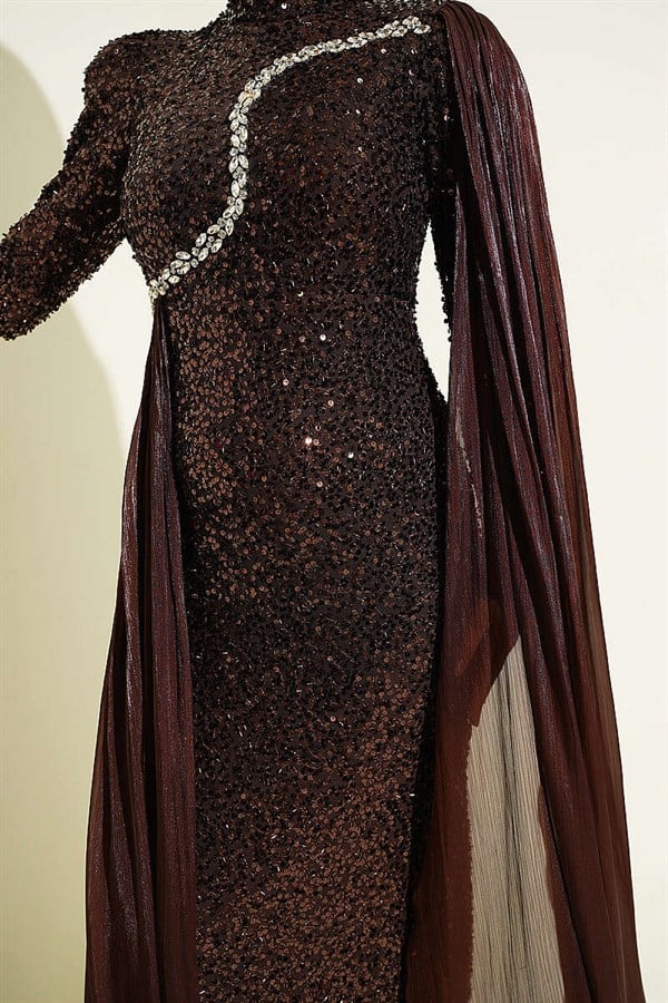 Embellished, Sequined, Cape Evening Dress in Brown