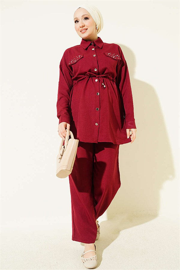 2 Piece Set with faux rhinestone pocket flaps, burgundy.