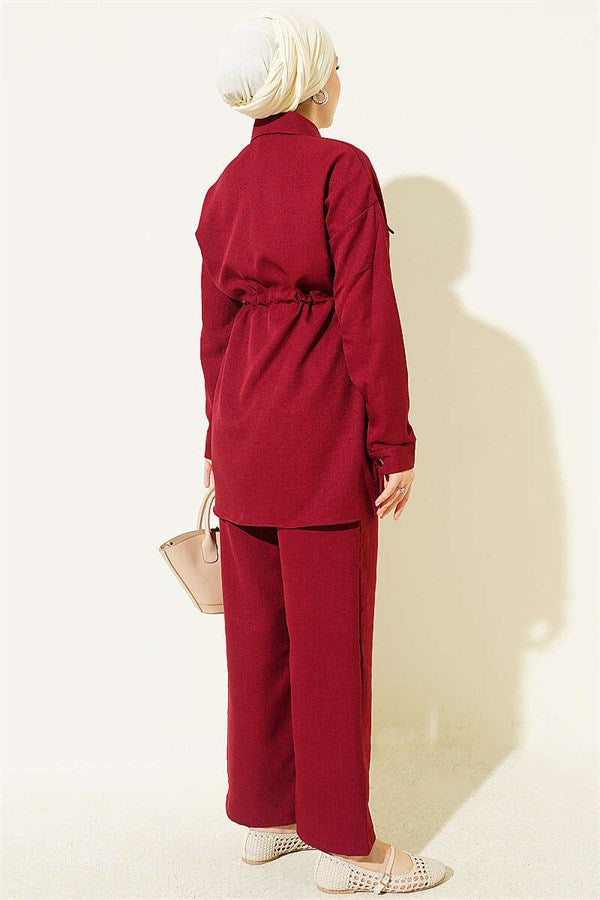 2 Piece Set with faux rhinestone pocket flaps, burgundy.