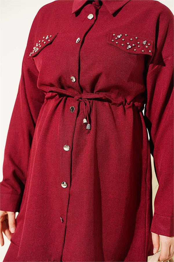2 Piece Set with faux rhinestone pocket flaps, burgundy.