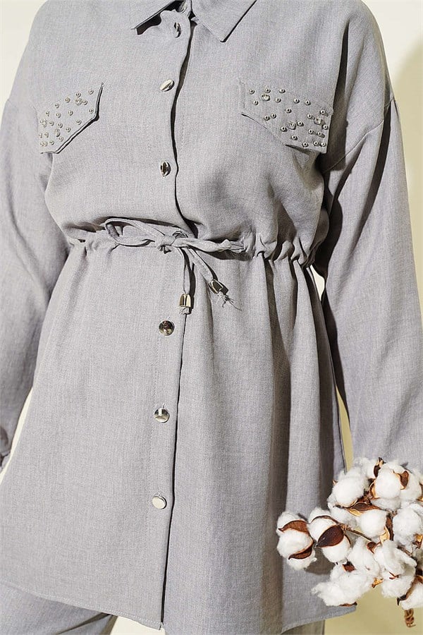 2 Piece Set with Faux Stone Pocket Flaps, Grey