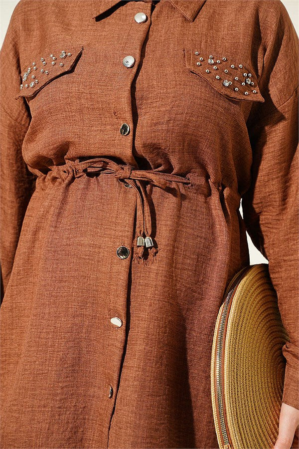 2 Piece Set in Coffee with Rhinestone Faux Pocket Flaps
