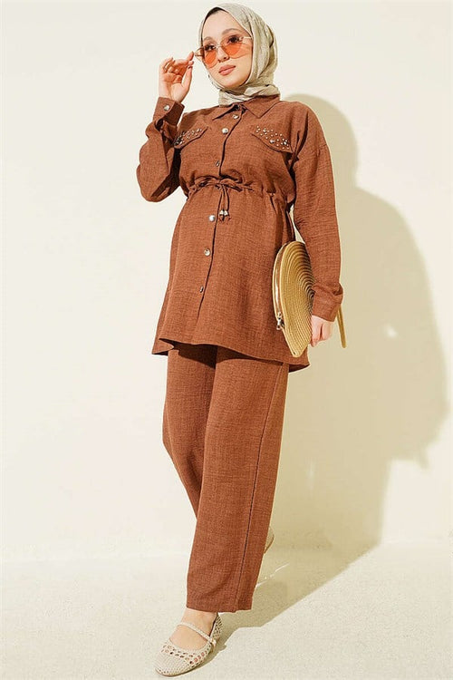 2 Piece Set in Coffee with Rhinestone Faux Pocket Flaps