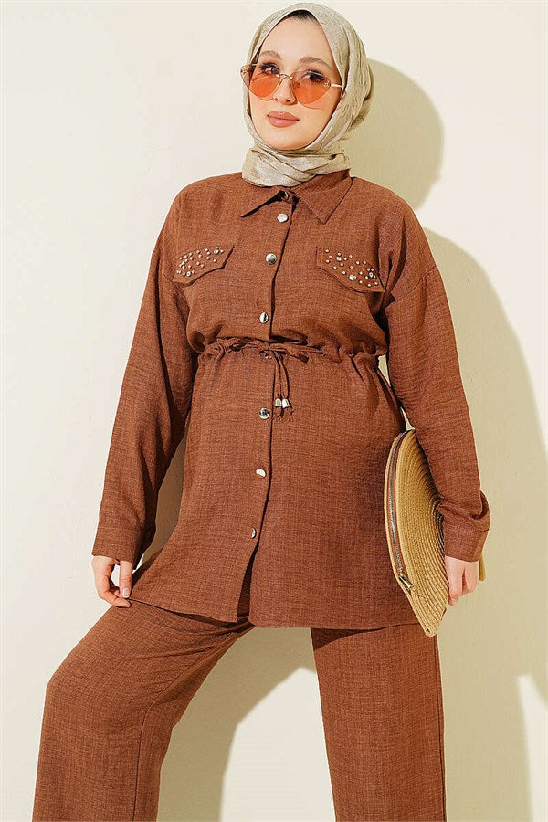 2 Piece Set in Coffee with Rhinestone Faux Pocket Flaps
