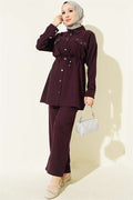 Stone Embellished Faux Pocket Flap Two-Piece Set, Plum