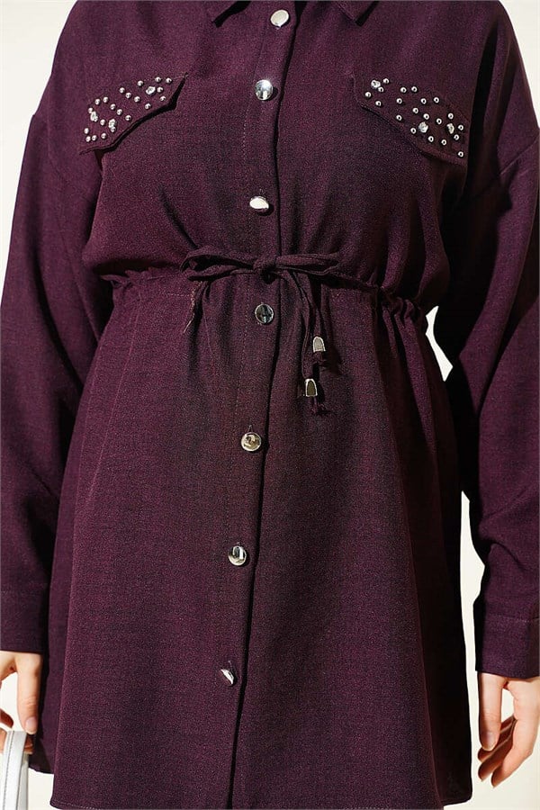 Stone Embellished Faux Pocket Flap Two-Piece Set, Plum
