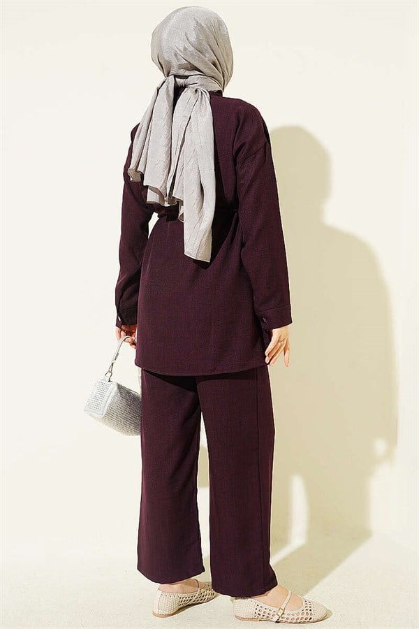 Stone Embellished Faux Pocket Flap Two-Piece Set, Plum