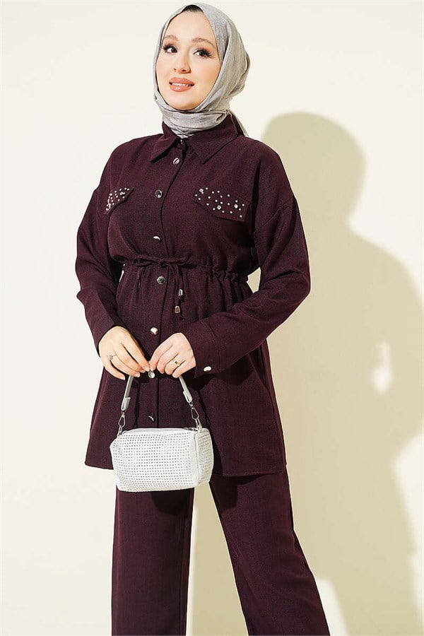 Stone Embellished Faux Pocket Flap Two-Piece Set, Plum