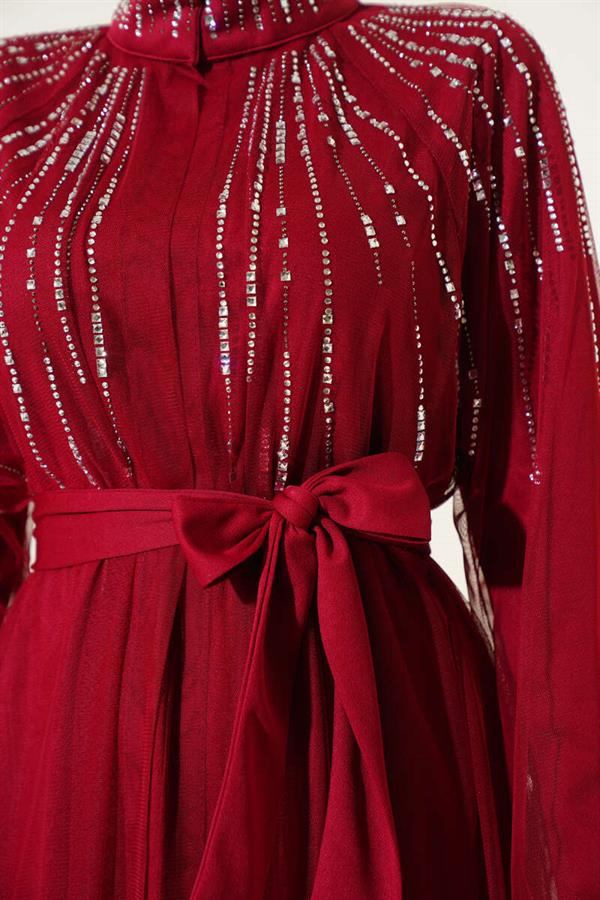 Abaya with Stoned Tulle Cape, Burgundy