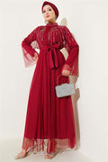 Abaya with Stoned Tulle Cape, Burgundy