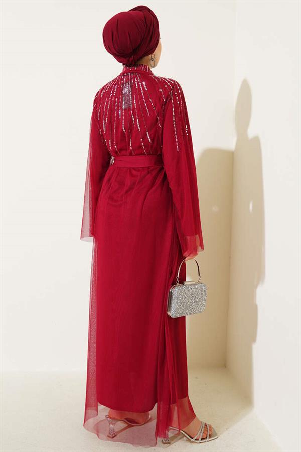 Abaya with Stoned Tulle Cape, Burgundy