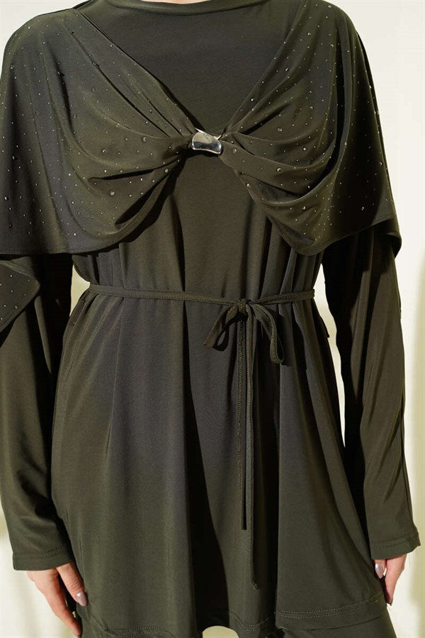 2 Piece Set with Stone Embellishments and Side Slits, Khaki