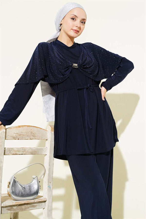 2 Piece Set with Stone Embellished Side Slits, Navy Blue
