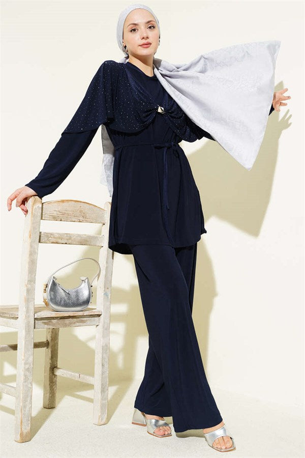 2 Piece Set with Stone Embellished Side Slits, Navy Blue