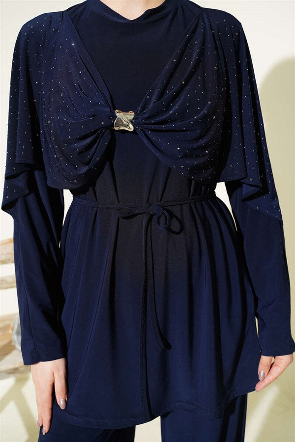 2 Piece Set with Stone Embellished Side Slits, Navy Blue