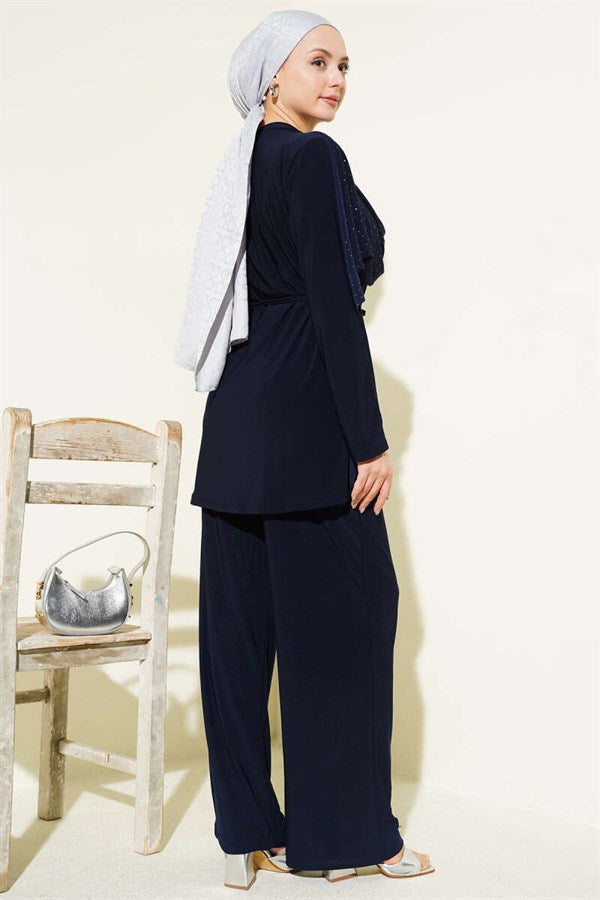 2 Piece Set with Stone Embellished Side Slits, Navy Blue