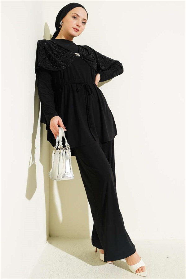 Stone Embellished Side Slit 2 Piece Set, Black