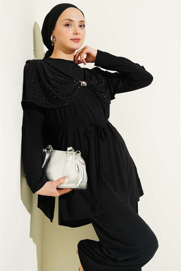 Stone Embellished Side Slit 2 Piece Set, Black