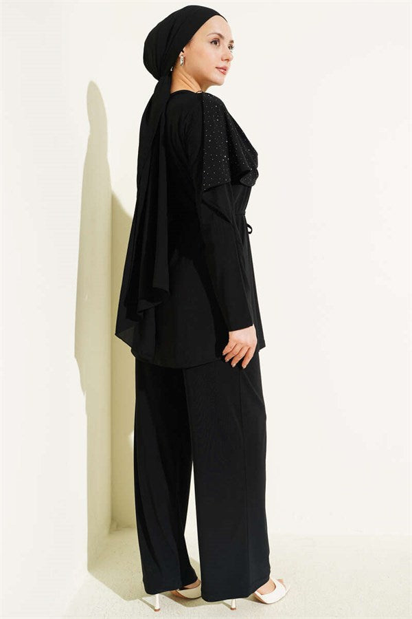Stone Embellished Side Slit 2 Piece Set, Black