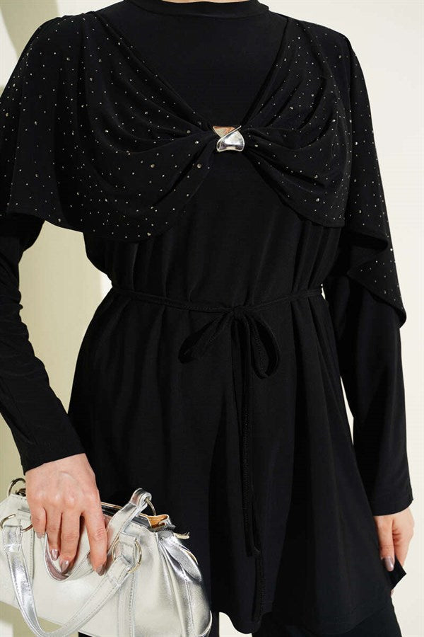 Stone Embellished Side Slit 2 Piece Set, Black